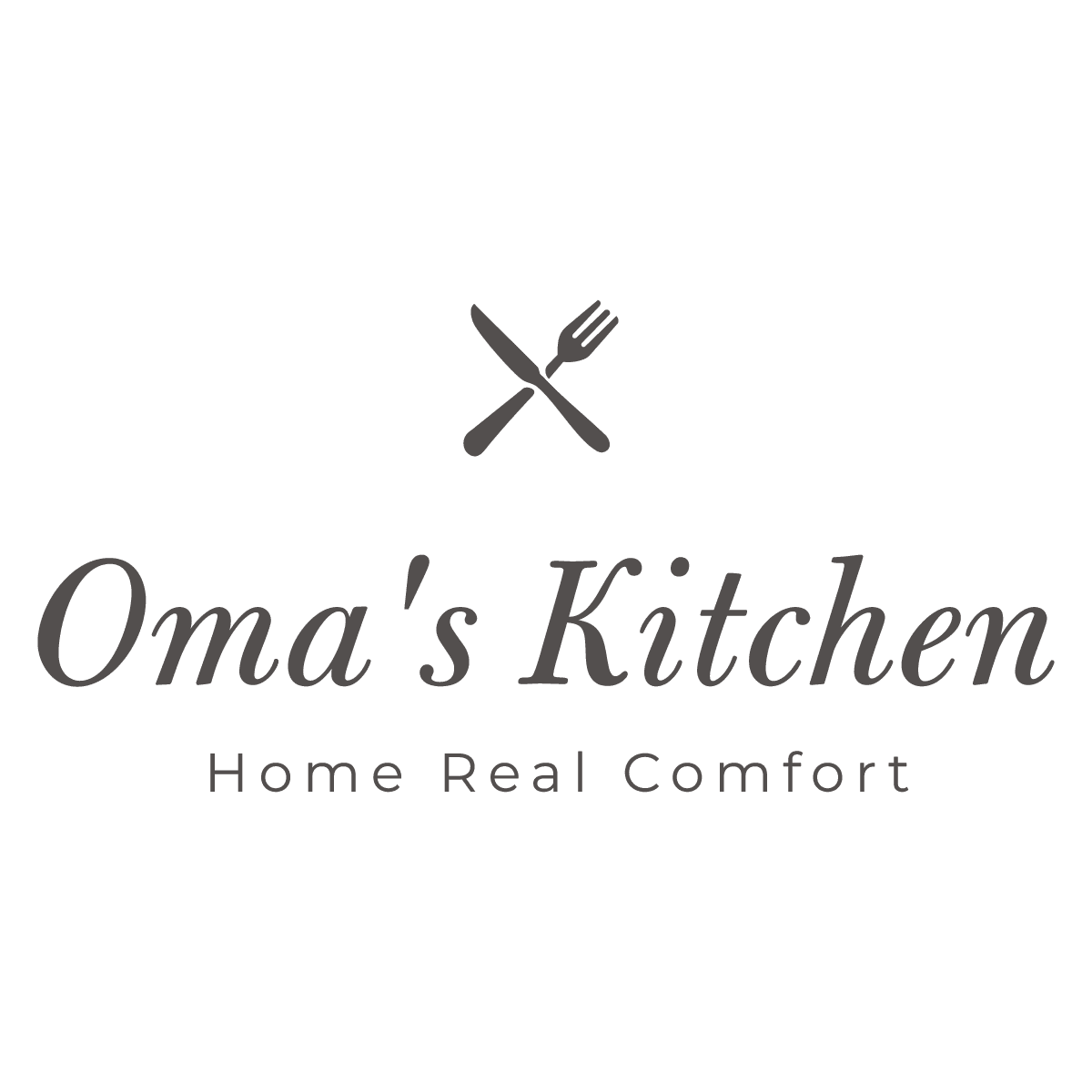 Logo for Oma's Kitchen featuring crossed fork and spoon.